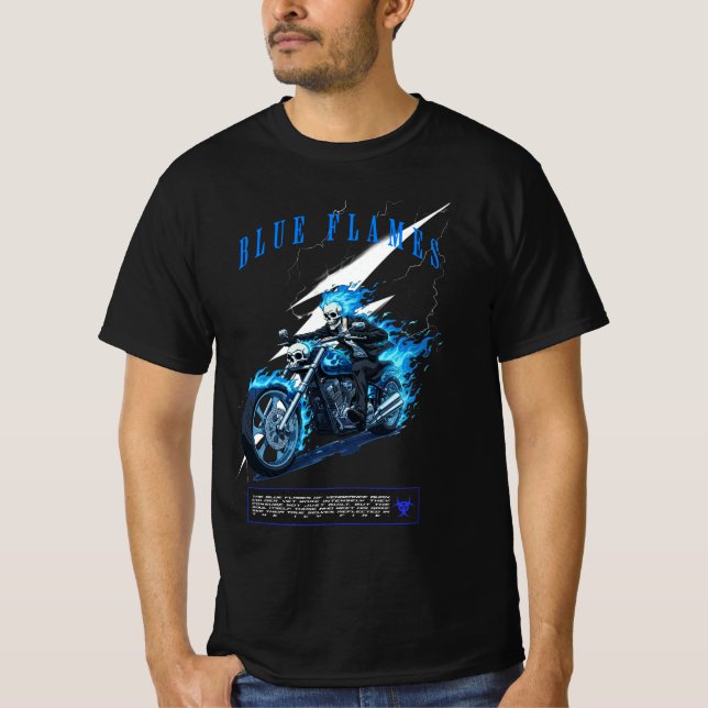 Blue Flames Motorcycle Design | Skull Rider T Shirt (Framsida)