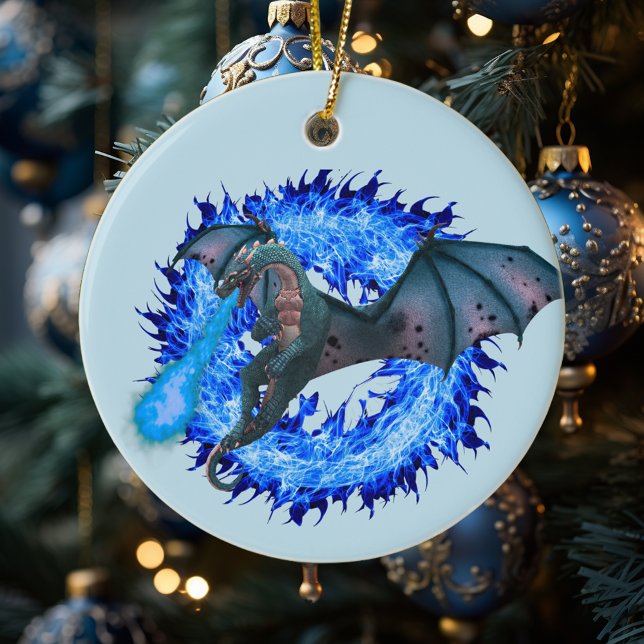 Blue Flaming Fantasy Dragon Julgransprydnad Keramik (Skapare uppladdad)