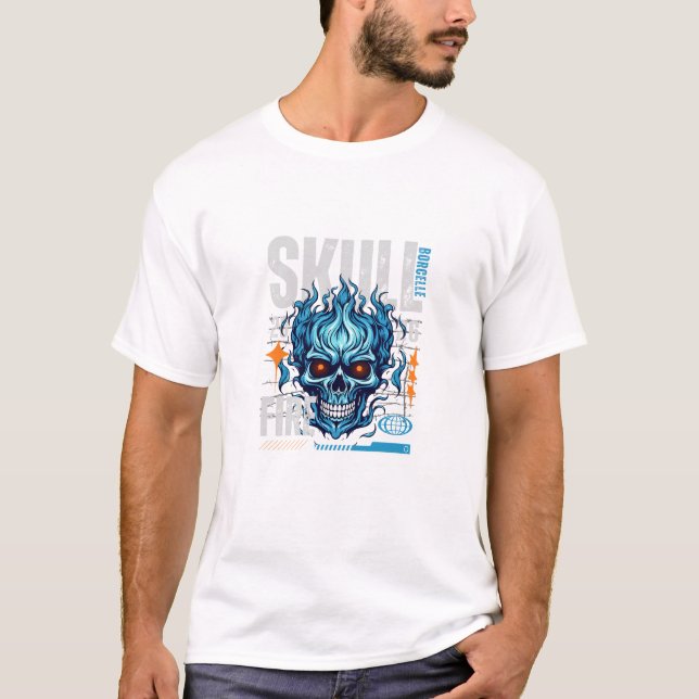 Blue Flaming Skull Streetwear Design | Cyberpunk G T Shirt (Framsida)