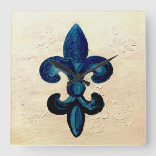 Blue Fleur de Lis Fyrkantig Klocka