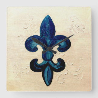 Blue Fleur de Lis Fyrkantig Klocka