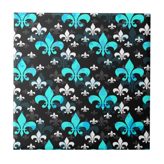 Blue Fleur De Lis Yta Mönster Design Kakelplatta (Framsidan)