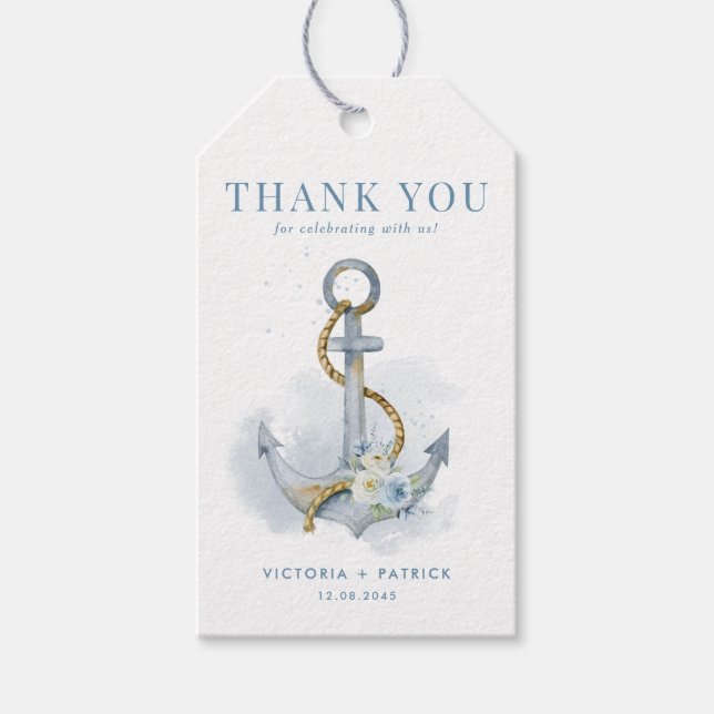 Blue Floral Anchor Nautical Wedding Thank You Presentetikett (Framsidan)