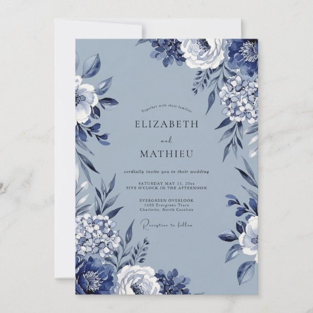 Blue Floral Artistic Flourish Wedding Inbjudningar (Framsida)