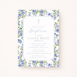 Blue Floral Baptism Invitation for Girl Inbjudningar