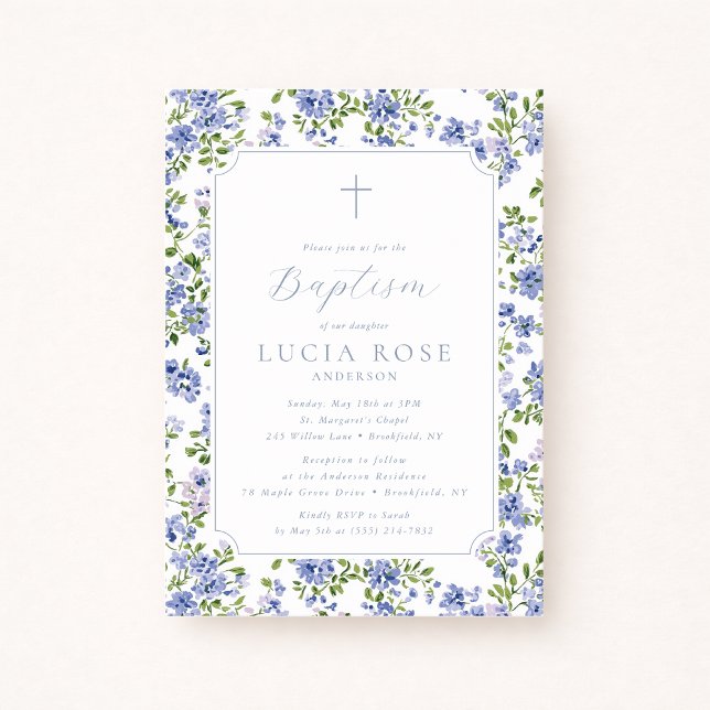 Blue Floral Baptism Invitation for Girl Inbjudningar (Skapare uppladdad)