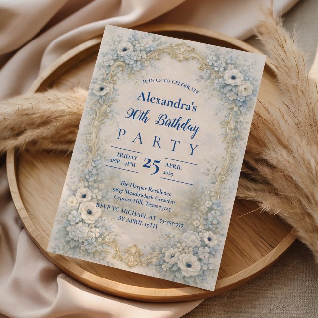 Blue Floral Baroque Frame 90th Birthday Inbjudningar (Skapare uppladdad)