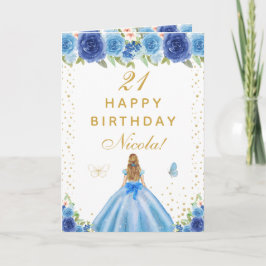 Blue Floral Blonde Hair Girl Birthday Kort