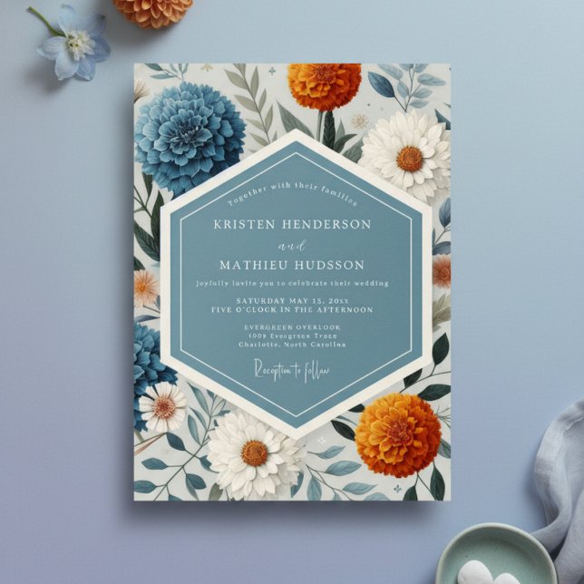 Blue Floral Botanical Romance Wedding Inbjudningar (Skapare uppladdad)