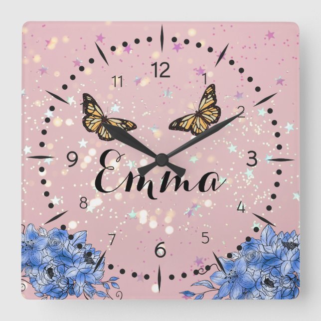 Blue Floral bouquet in the blooming garden Fyrkantig Klocka (Framsida)