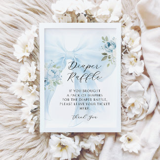 Blue Floral Bow Coquette Diaper Raffle Baby Shower Inbjudningar