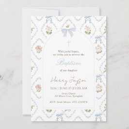 Blue Floral Bow Elegant Christian Girl Baptism Inbjudningar