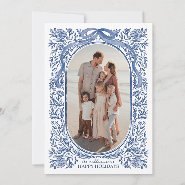 Blue Floral & Bow Holiday Photo Card Inbjudningar (Framsida)