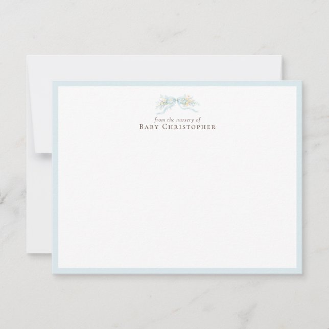Blue Floral Bow Nursery Note Card – Personalized Anteckningskort (Framsida)