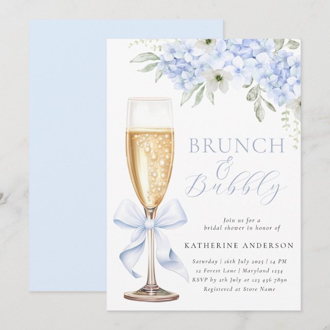 Blue Floral Bridal Brunch Shower Invitation Inbjudningar (Fram/baksida)