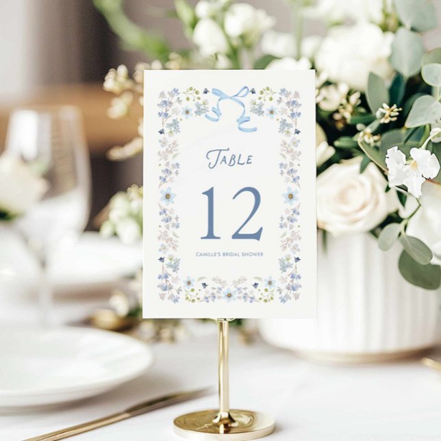Blue Floral Bridal Shower Table Number Card Inbjudningar (Blue Bow and Floral Table Number Card)