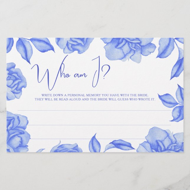 Blue Floral Bridal shower Who am I game Brevpapper (Framsida)