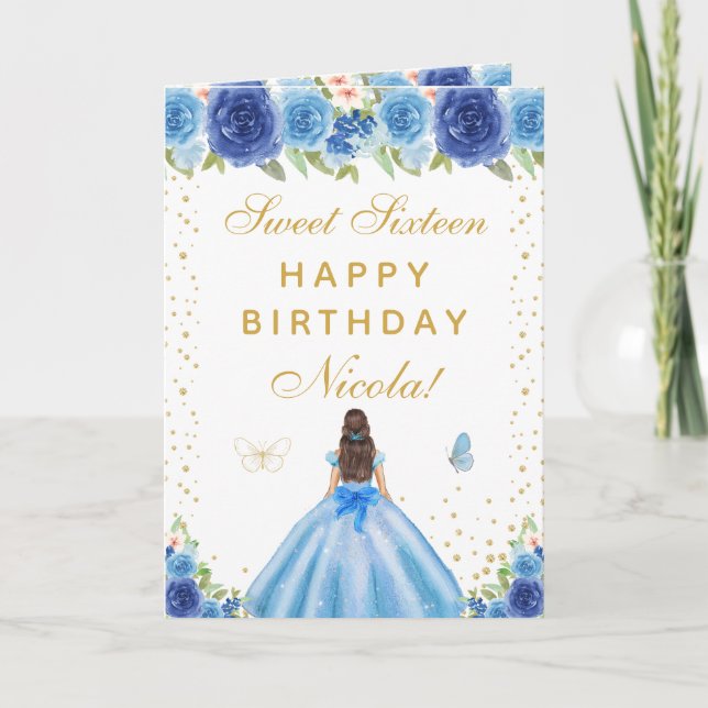 Blue Floral Brunette Hair Girl Sweet Sixteen Kort (Framsida)
