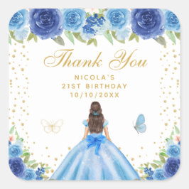 Blue Floral Brunette Hair Princess Birthday Party Fyrkantigt Klistermärke