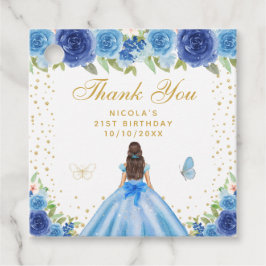 Blue Floral Brunette Hair Princess Birthday Party Gåvor Etiketter