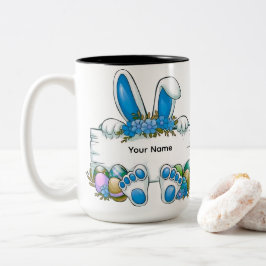 Blue Floral Bunny Ears Easter Name Sign Graphic Två-Tonad Mugg