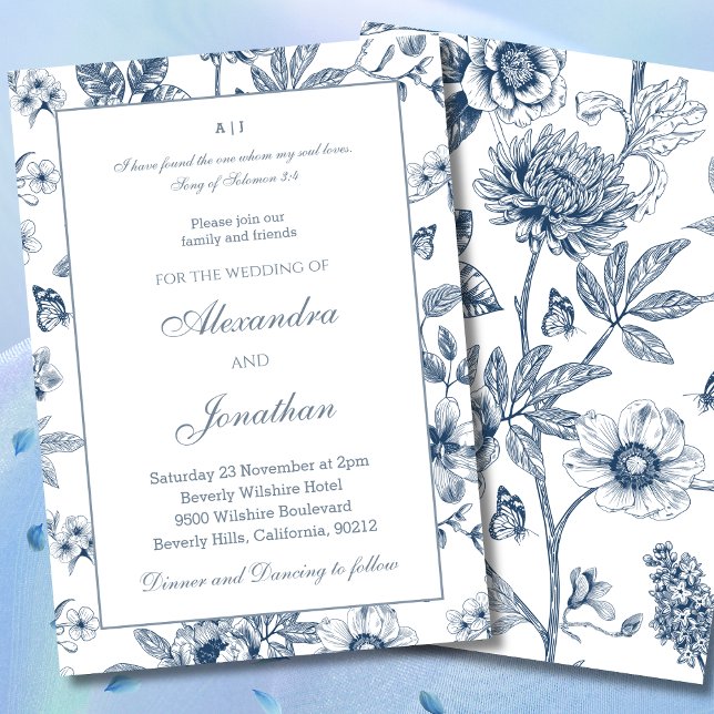 Blue Floral Chinoiserie Christian Wedding  Inbjudningar (Skapare uppladdad)