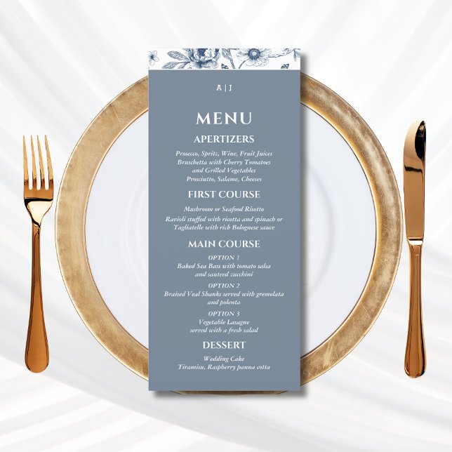 Blue Floral Chinoiserie Christian Wedding Menu Meny (Skapare uppladdad)