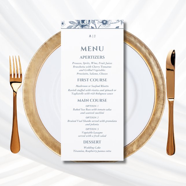 Blue Floral Chinoiserie Christian Wedding Menu Meny (Skapare uppladdad)