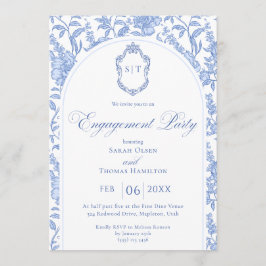 Blue Floral Chinoiserie Monogram Engagement Party Inbjudningar