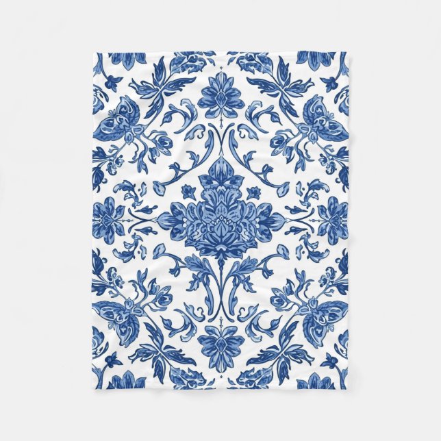 Blue Floral Chinoiserie White Watercolor Fleecefilt (Framsidan)