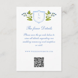 Blue Floral Crest Wedding Details QR Code Tilläggskort