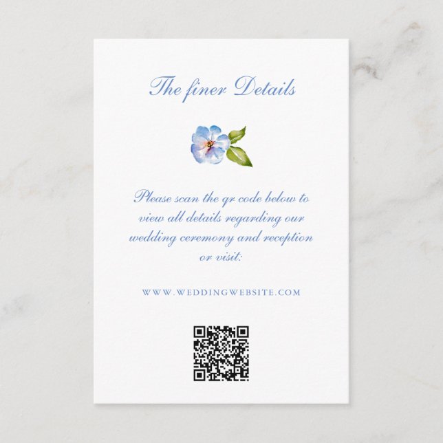 Blue Floral Crest Wedding Details QR Code Tilläggskort (Framsida)