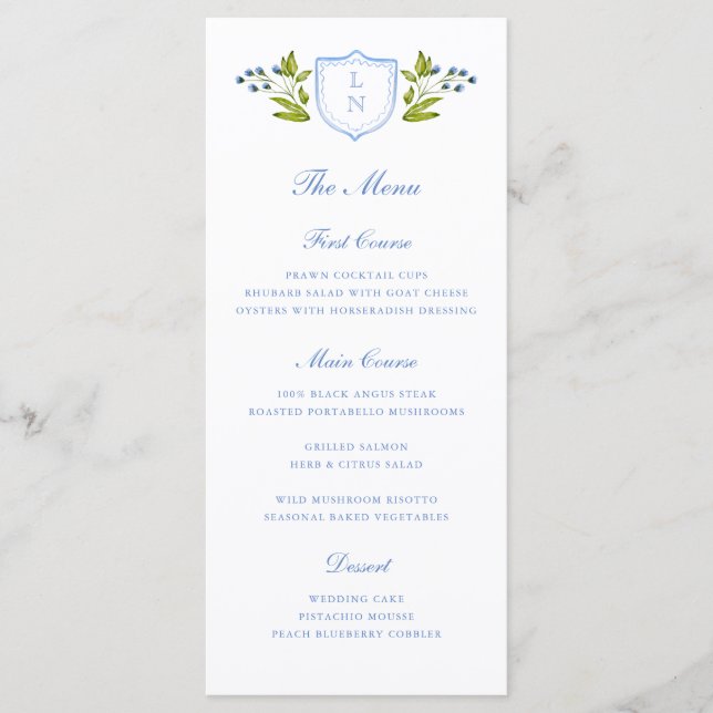 Blue Floral Crest Wedding Meny (Framsida)