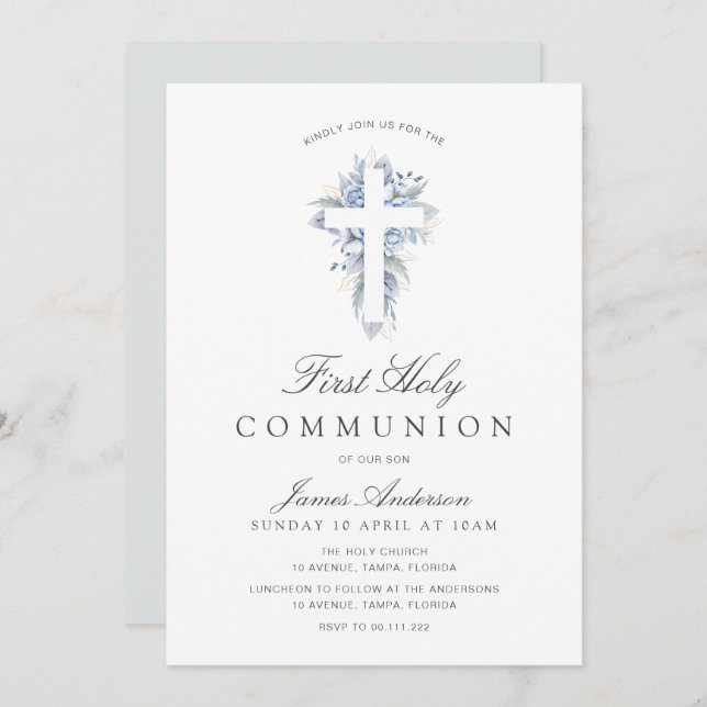 blue floral cross first holy communion invitation inbjudningar (Fram/baksida)