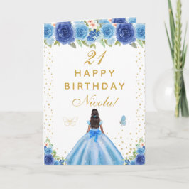 Blue Floral Dark Skin Girl Birthday Kort