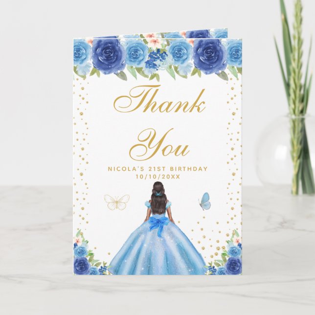 Blue Floral Dark Skin Girl Birthday Tack Kort (Framsida)