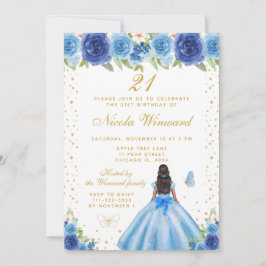 Blue Floral Dark Skin Princess Birthday Party Inbjudningar