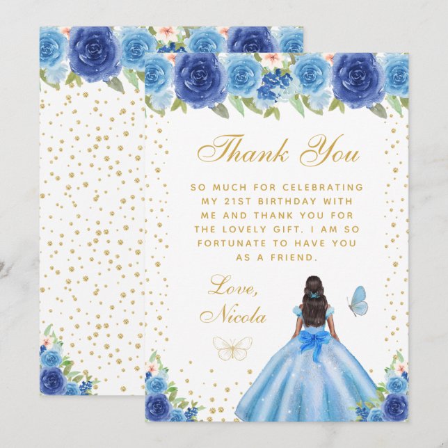 Blue Floral Dark Skin Princess Birthday Party Tack Kort (Fram/baksida)