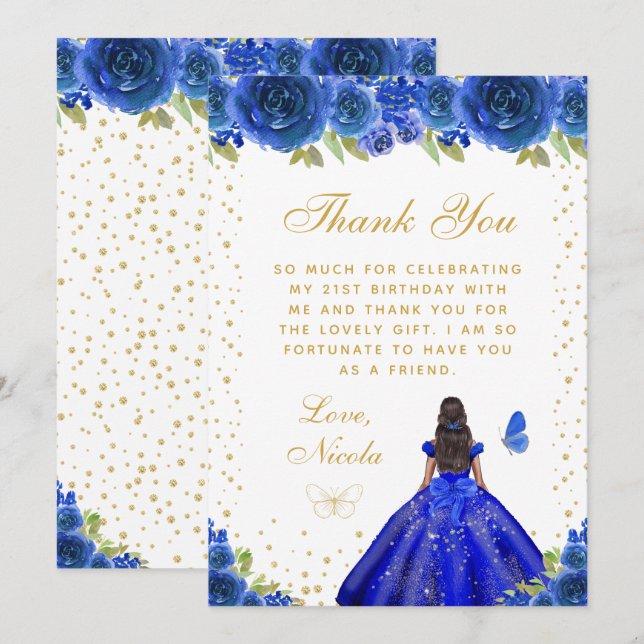 Blue Floral Dark Skin Princess Birthday Party Tack Kort (Fram/baksida)