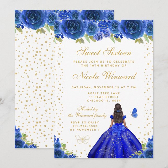 Blue Floral Dark Skin Princess Sweet Sixteen Inbjudningar (Fram/baksida)