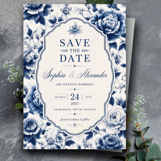  Blue Floral Elegant Chinoiserie Classic Spara Datumet (Skapare uppladdad)