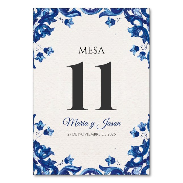 Blue Floral Elegant Fiesta Spanish Wedding Bordsnummer (Framsidan)