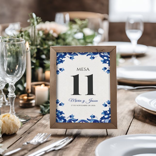 Blue Floral Elegant Fiesta Spanish Wedding Bordsnummer (Blue Floral Elegant Fiesta Spanish Wedding Table Number)