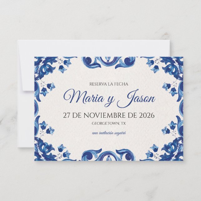 Blue Floral Elegant Fiesta Spanish Wedding Spara Datumet (Framsida)