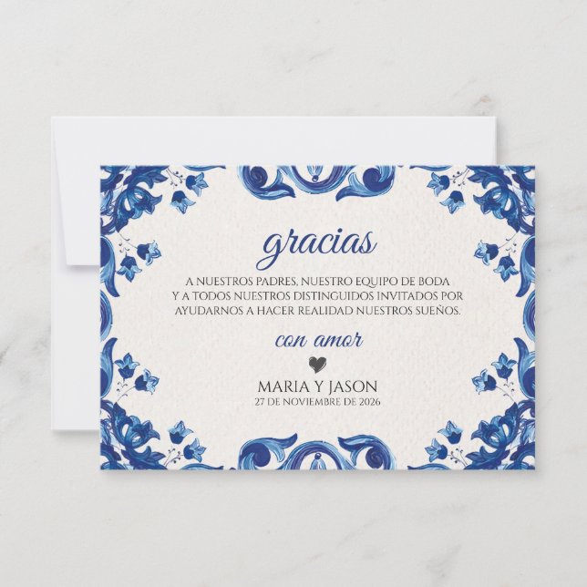 Blue Floral Elegant Fiesta Spanish Wedding Tack Kort (Framsida)