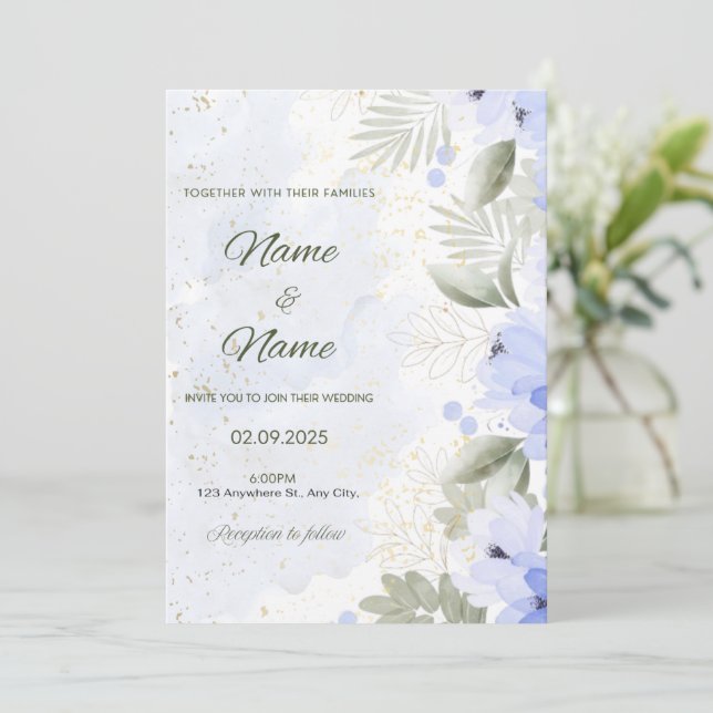 Blue floral elegant wedding invitation  inbjudningar (Stående Fram)