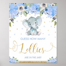 Blue Floral Elephant Guess How Many Lollies Game Poster