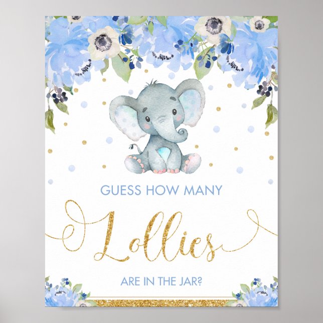Blue Floral Elephant Guess How Many Lollies Game Poster (Framsidan)