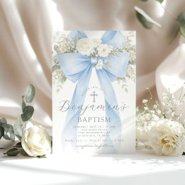 Blue Floral Eucalyptus Bow Boy Baptism Inbjudningar