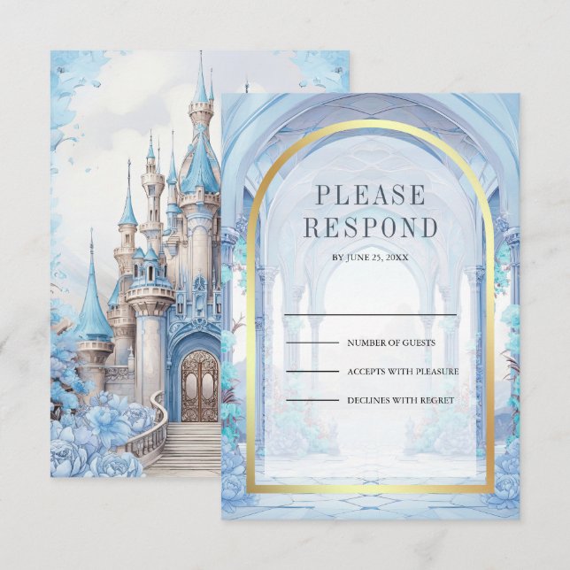 Blue Floral Fairytale Castle Wedding OSA Kort (Fram/baksida)